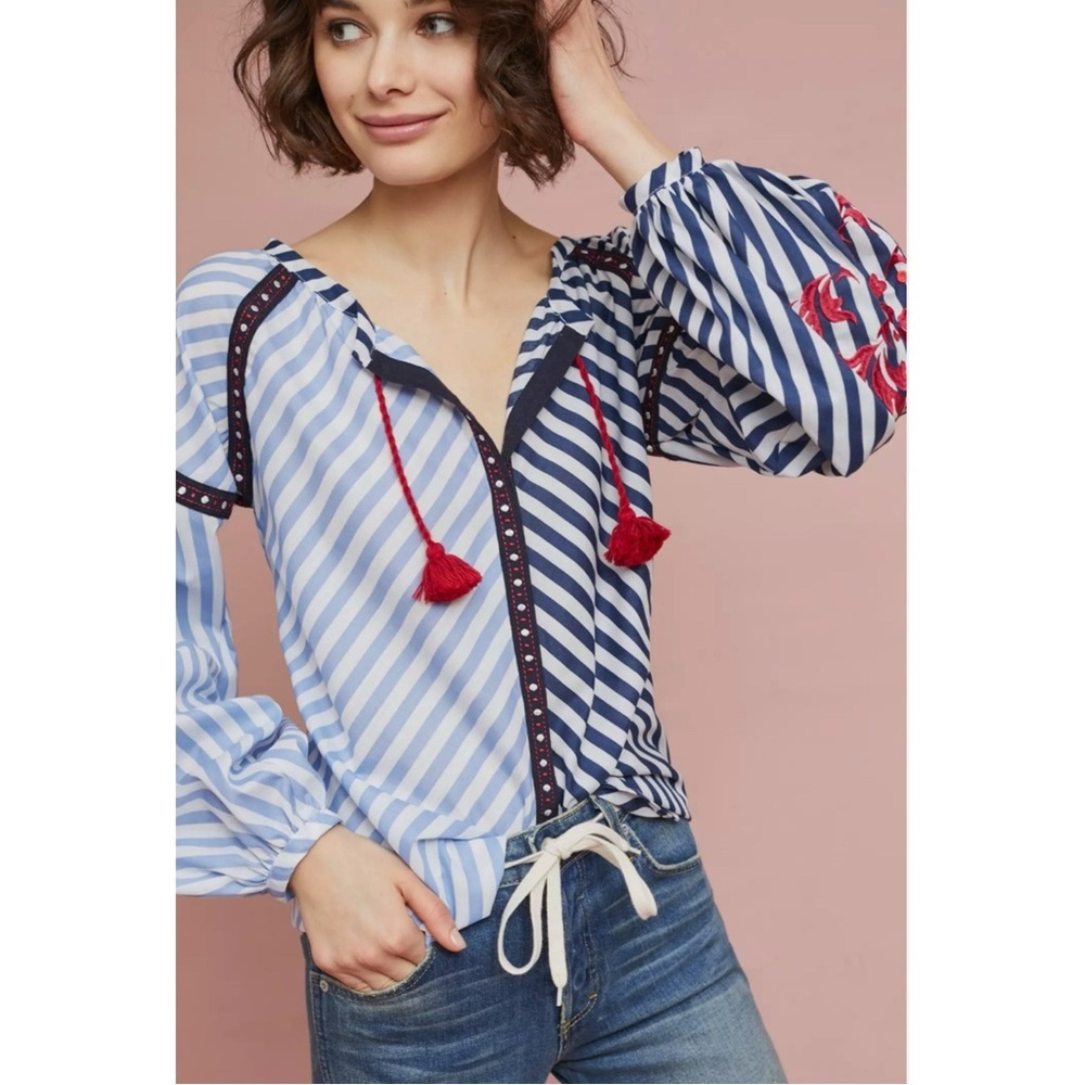 Anthropologie Child Of The Universe Striped Boho Flowy Peasant Blouse Size S